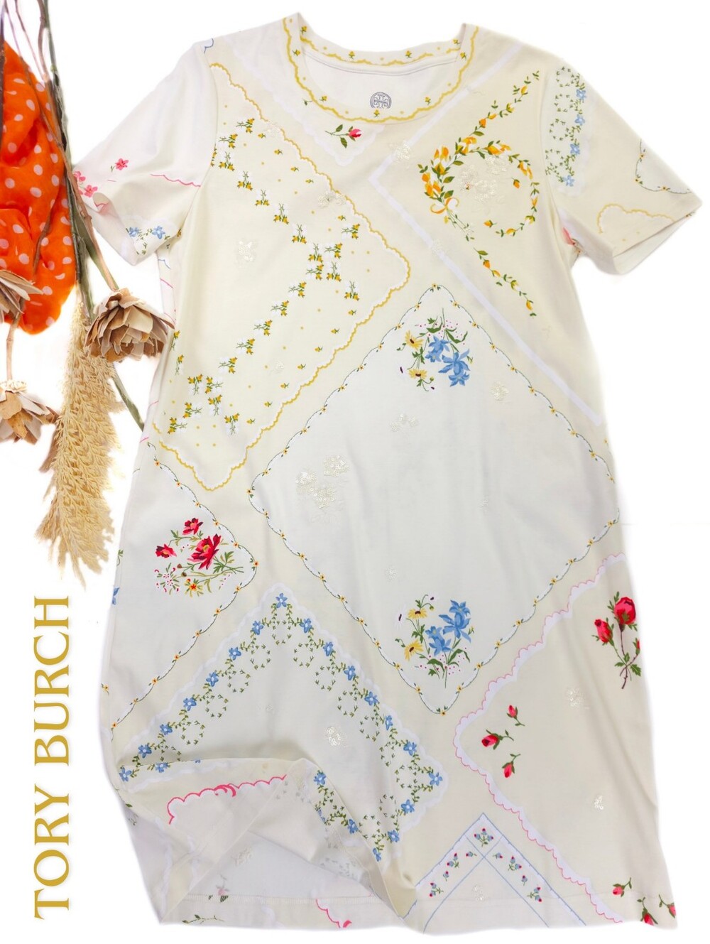 New Tory Burch Floral Patchwork Tee Dress - Cream with Multicolor Florals Sz M
